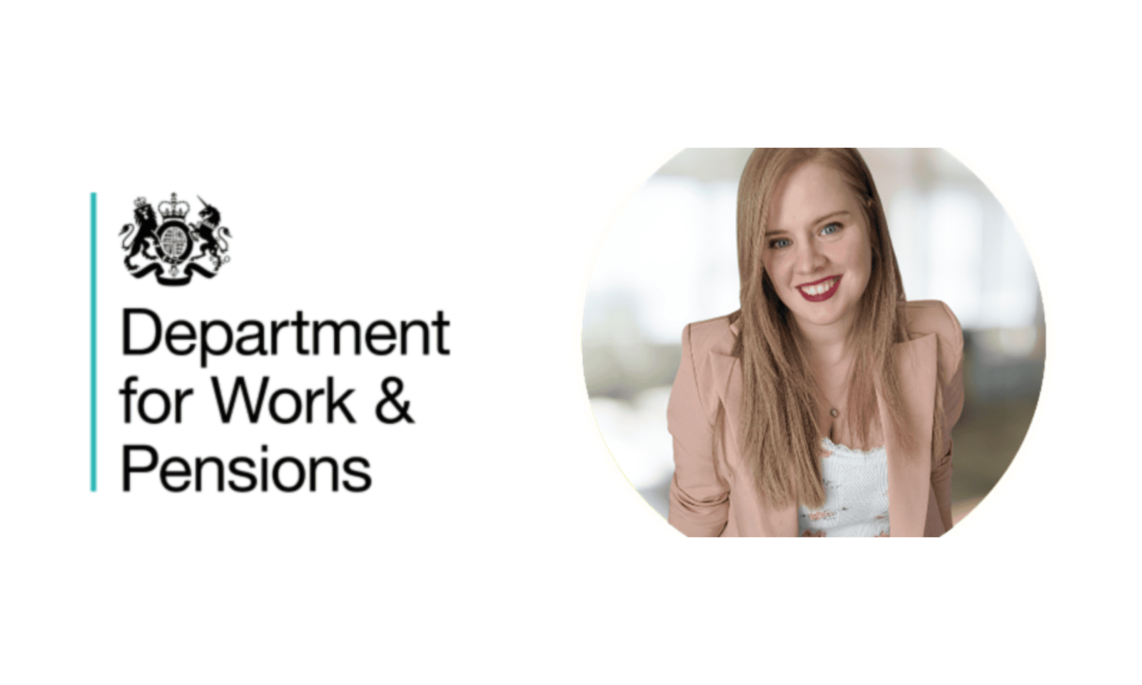 Photo of Rebecca and a DWP logo