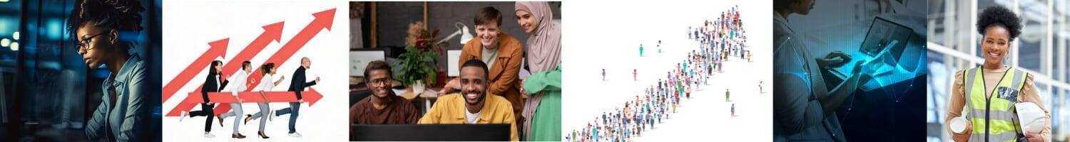 Social mobility month banner with photos of two woman in work, one in a contruction site the other in an office, two are an infographic showing data graphs and the last an image of many people in the shape of an  upward bending arrow.