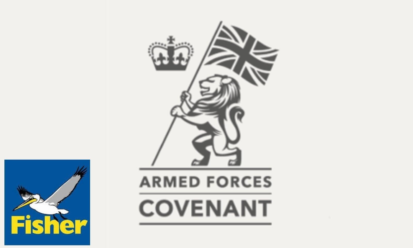 Armed forces convenant logo with a grey image of a lion holding a British flag. On the bottom left of the image is the blue James Fisher and Sons logo